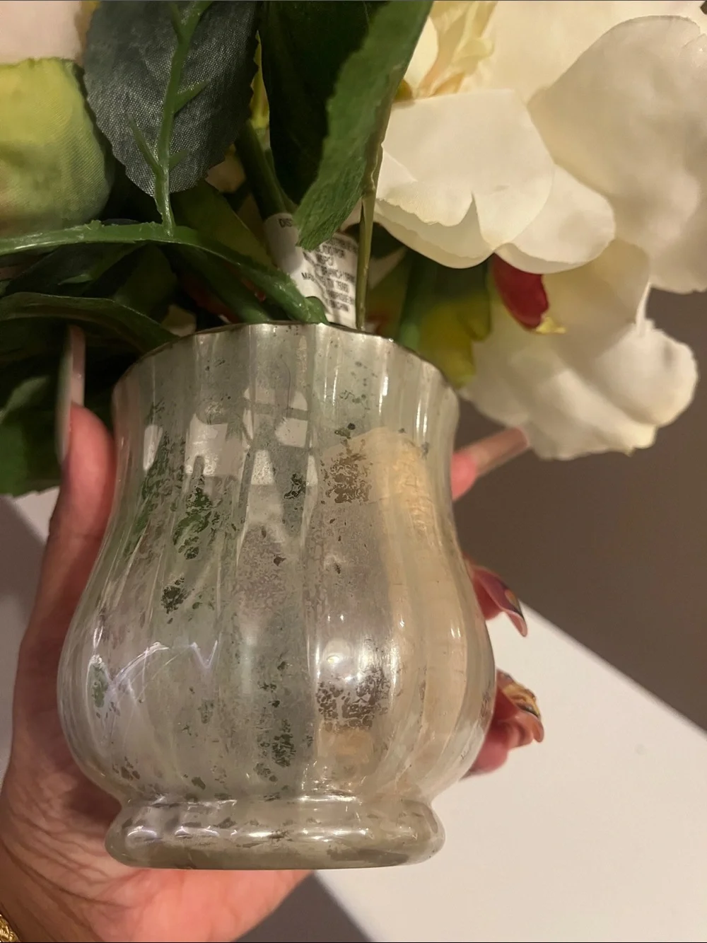 Silk Blush Pink and Cream Rose and Peony Bouquet in Glass Vase